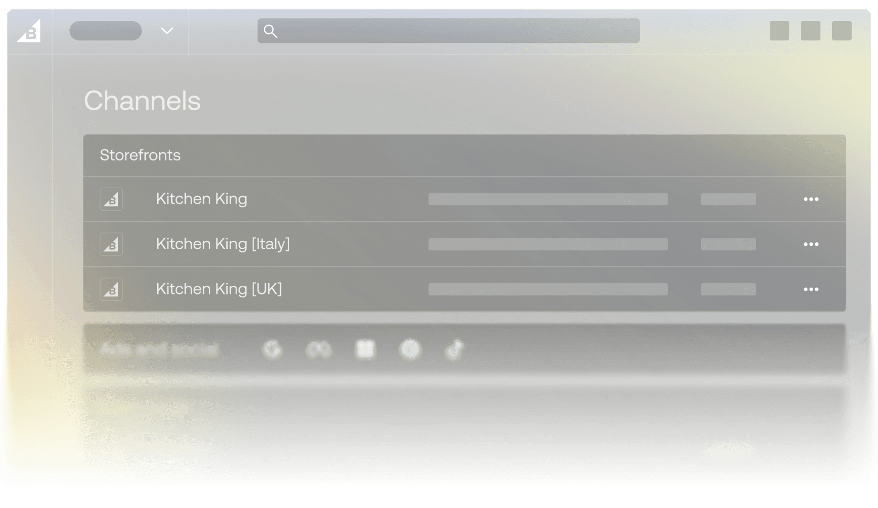 El menú de BigCommerce Channels muestra listados regionales de storefront para Kitchen King