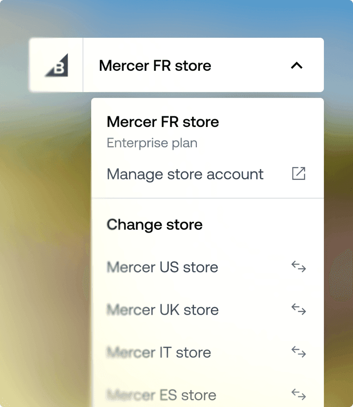 Menú desplegable del selector de tiendas que muestra la tienda Mercer FR y opciones para cambiar a tiendas internacionales.