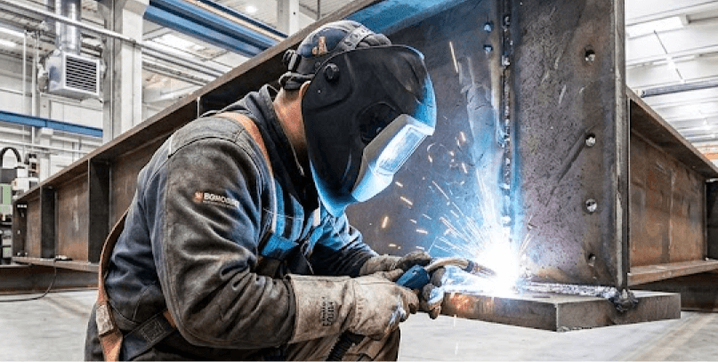 soldador industrial con equipo de protección y máscara soldando una pesada viga de acero en una fábrica