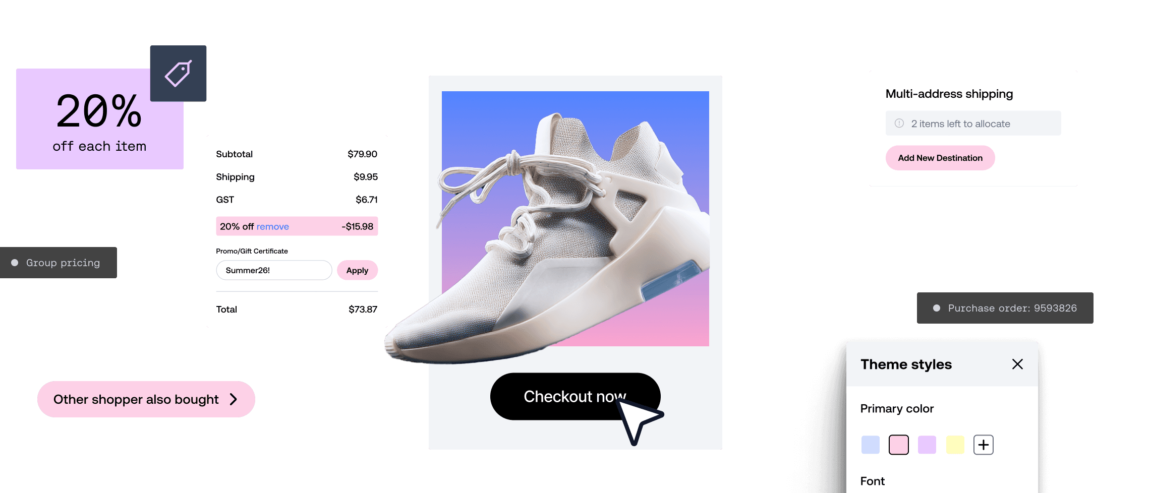 Página de pago de productos de comercio electrónico con una zapatilla blanca, detalles del código de descuento y opciones de colores temáticos.