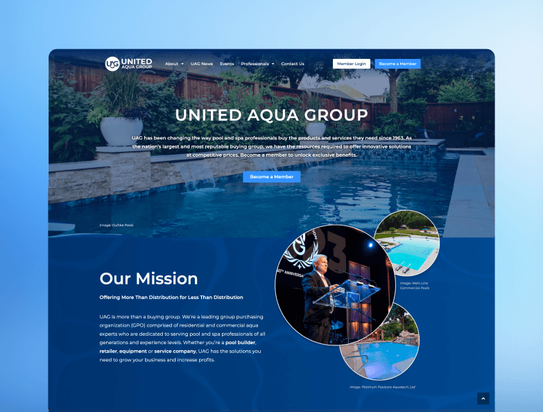 Página de inicio de ecommerce de United Aqua Group con servicios para piscinas y spas comerciales.