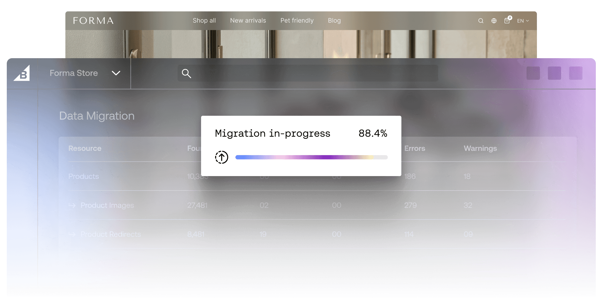 Panel de BigCommerce mostrando una barra de progreso de migración de datos al 88,4 % de finalización