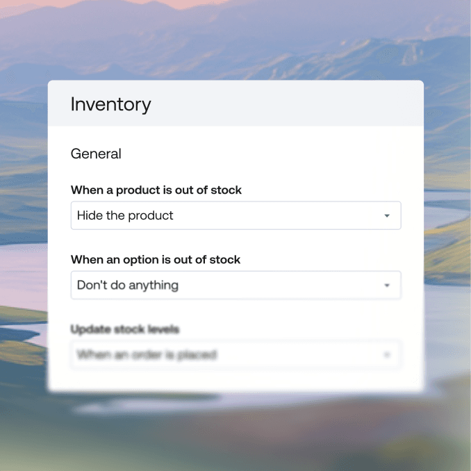 Interfaz de gestión de inventario que muestra la configuración general con la opción Ocultar el producto seleccionada para los artículos agotados