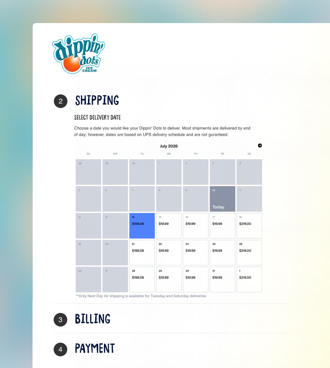 La pantalla de pago online de Dippin' Dots muestra el calendario de envíos para seleccionar la fecha de entrega en julio.