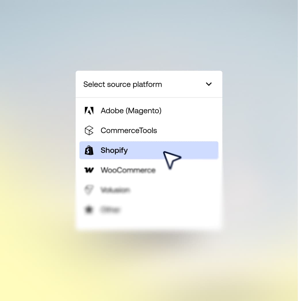 Menú desplegable para seleccionar la plataforma de origen durante la migración de datos con Shopify resaltado