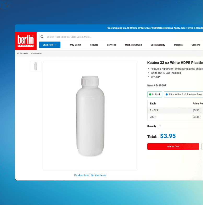 Página de detalles del producto de Berlin Packaging que muestra una botella blanca de plástico HDPE de 33 oz.