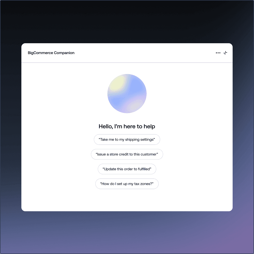 Interfaz del asistente de IA BigCommerce Companion que muestra sugerencias de prompts en una tarjeta modal.