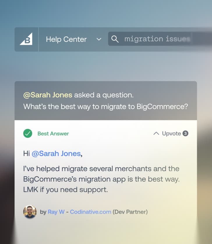 Publicación del foro del Centro de ayuda de BigCommerce que muestra una pregunta sobre la migración de tiendas y una mejor respuesta verificada