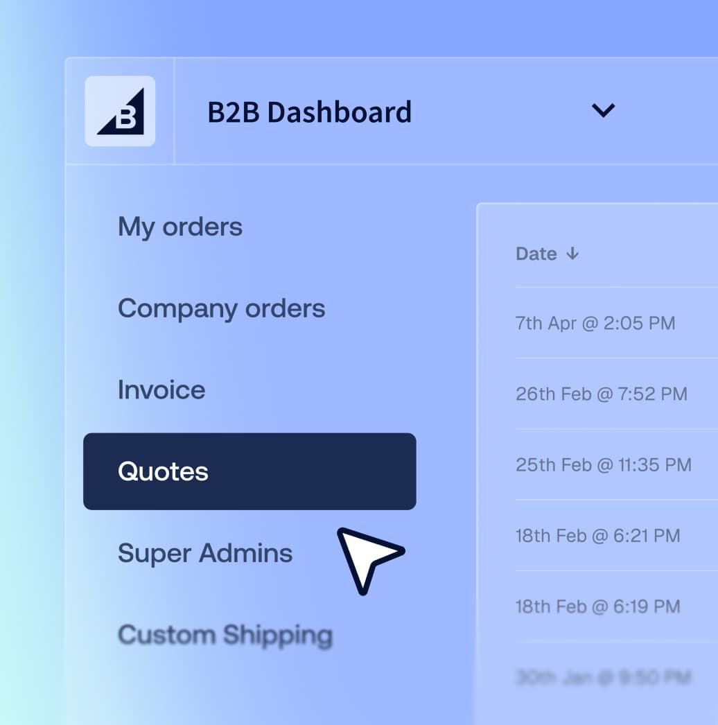 Menú de navegación del panel B2B de BigCommerce que destaca la pestaña Presupuestos con el cursor del ratón apuntando a ella.