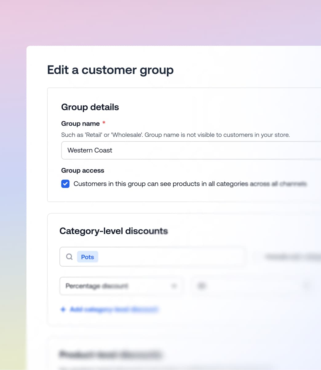 Panel de configuración de grupos de clientes que muestra los detalles del grupo de la Costa Oeste y los descuentos por categoría para macetas.
