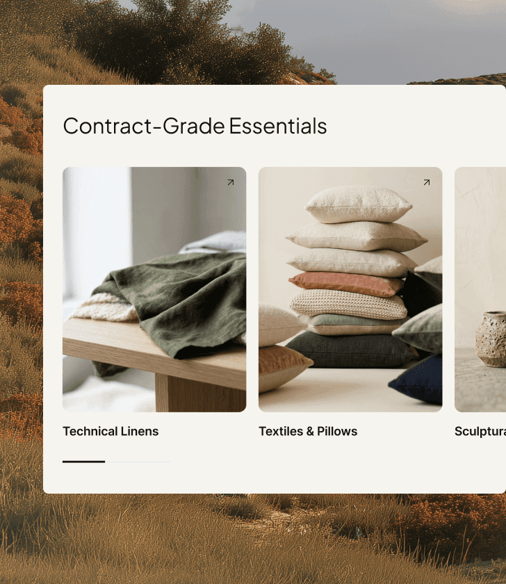 Diseño de categoría de Contract-Grade Essentials que muestra las tarjetas de Technical Linens and Textiles y Pillows.