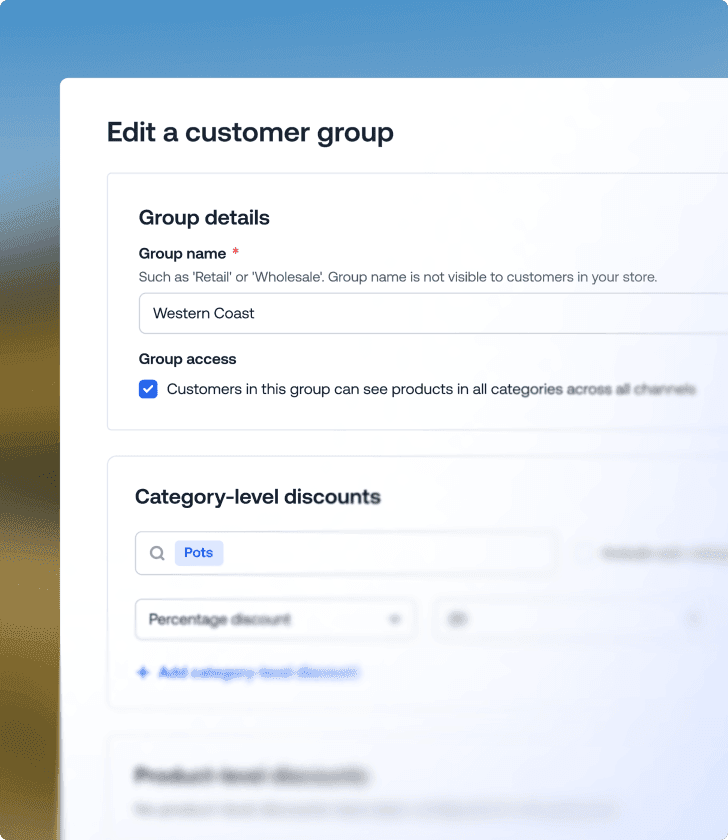 Formulario de edición de la configuración de un grupo de clientes que muestra el campo del nombre del grupo y las reglas de descuentos a nivel de categoría.