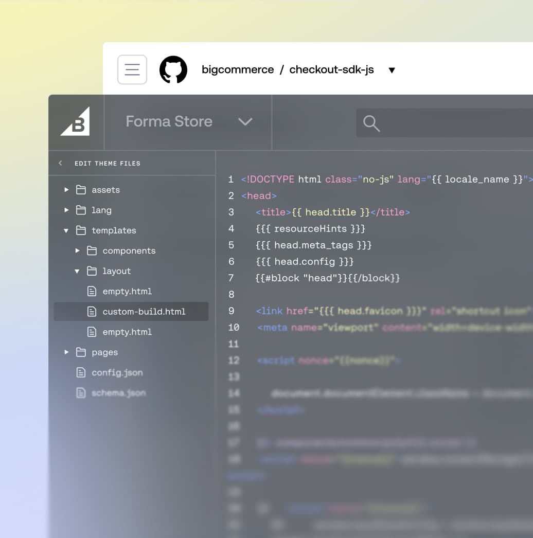 El editor de código del SDK de pago de BigCommerce muestra archivos de plantillas HTML y un árbol de directorios de compilación personalizado.