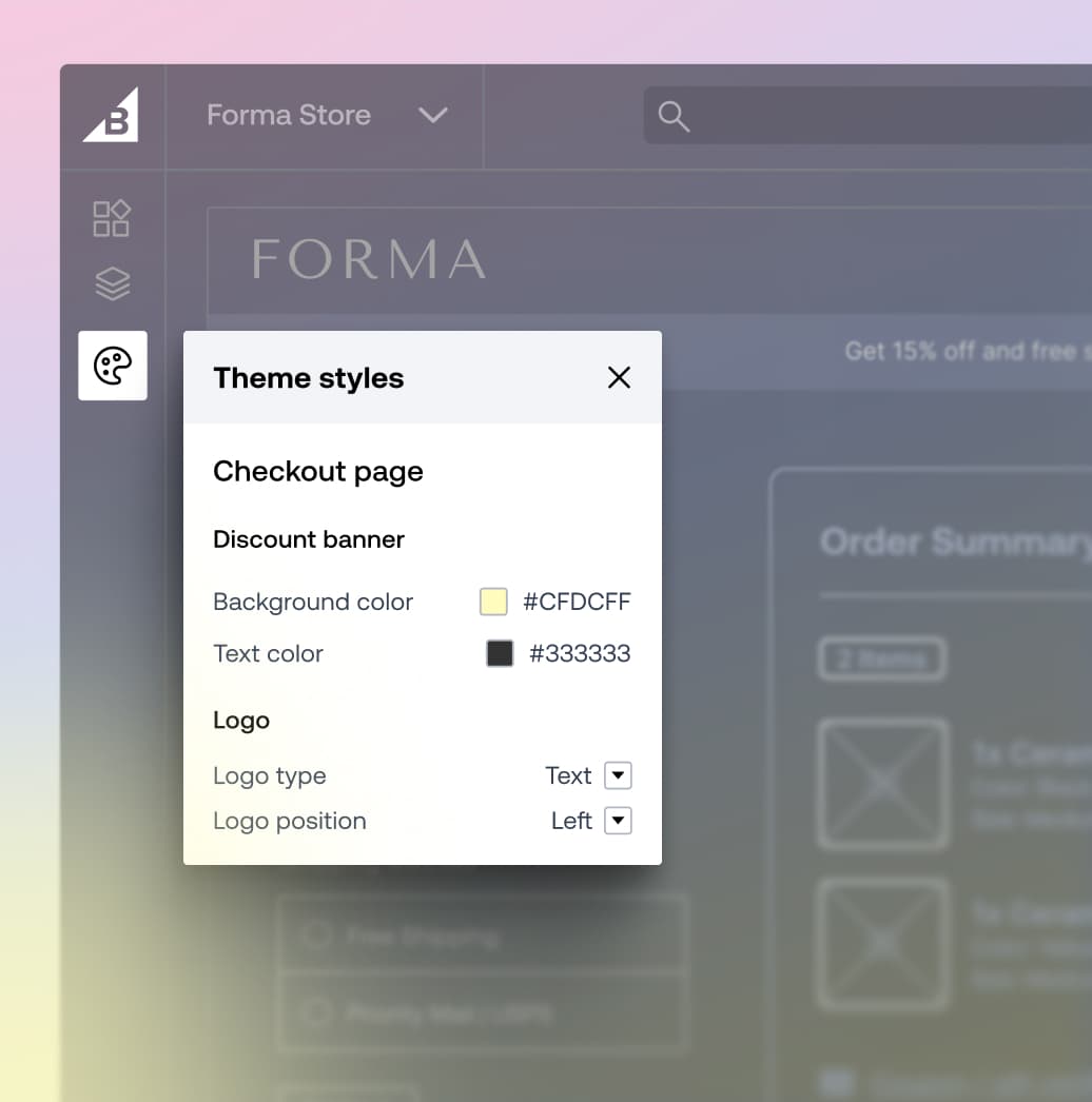 Configuración de estilo temático de comercio electrónico con Contentful que muestra opciones de color de fondo y texto para un menú de página de pago.