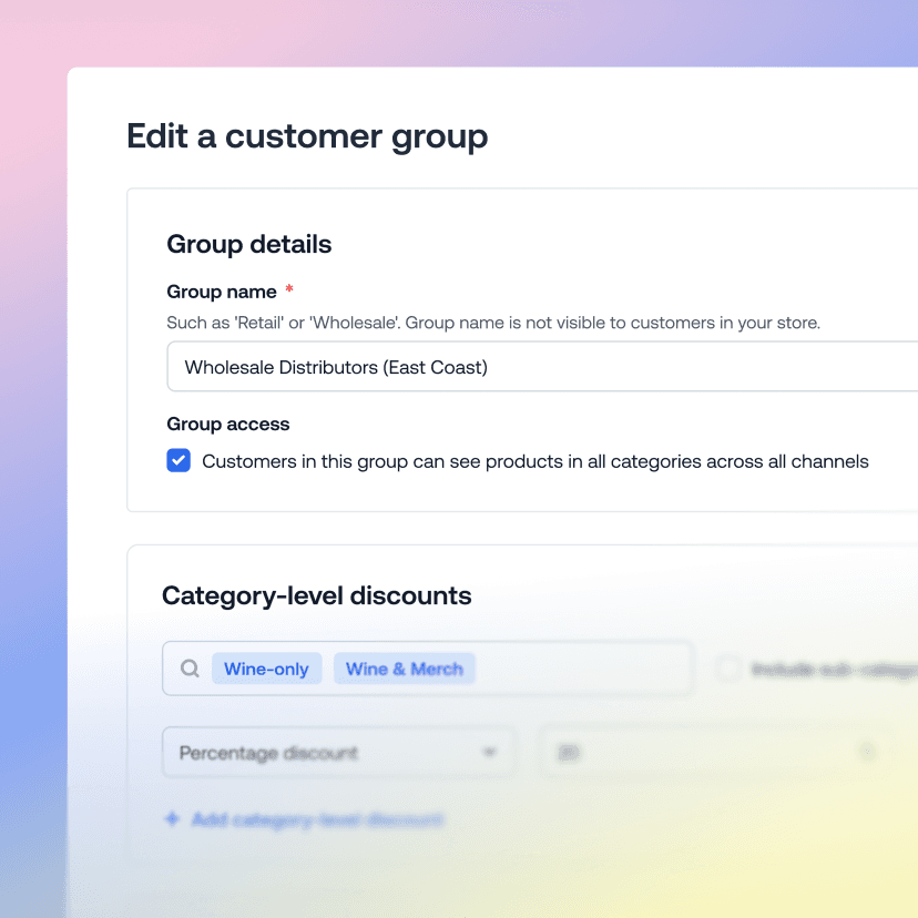 Interfaz de gestión de grupos de clientes que muestra la configuración de distribuidores mayoristas y las reglas de descuentos por categoría.