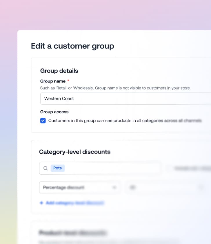 Menú de edición de grupos de clientes que muestra los detalles del grupo de la Costa Oeste y la configuración de descuentos por categoría.