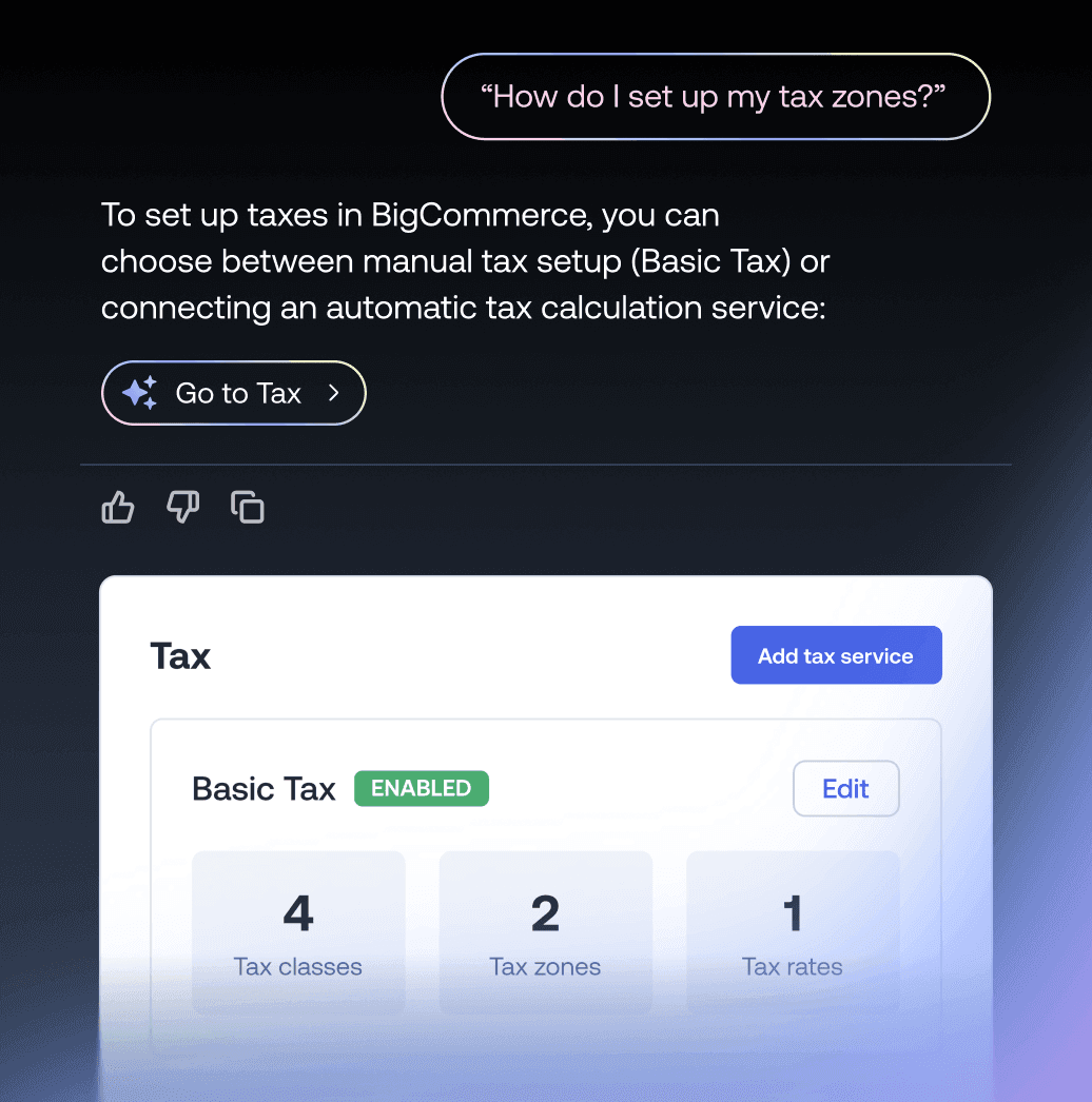 Pantalla de chat de configuración de impuestos de BigCommerce que muestra la configuración básica de impuestos con clases y zonas de impuestos