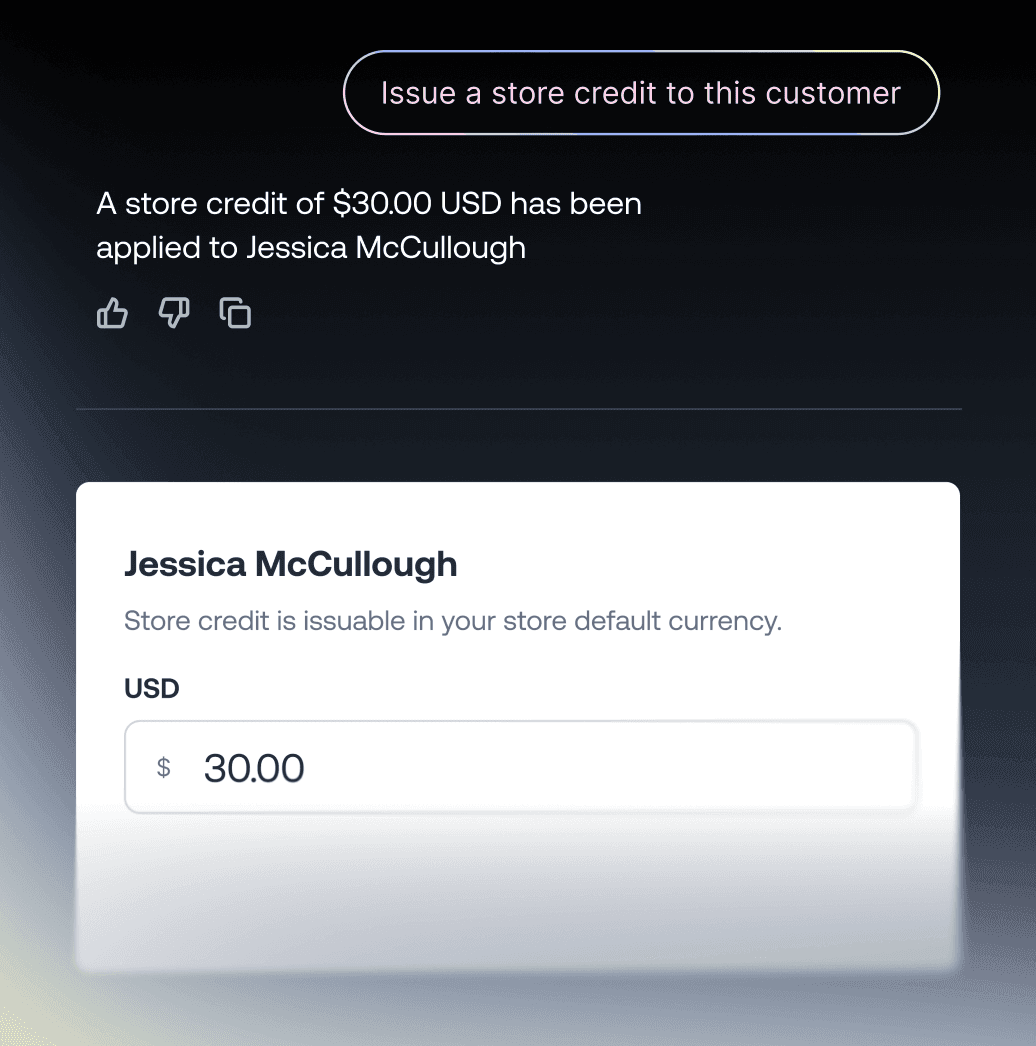 Interfaz de crédito en tienda que muestra un crédito de 30,00 $ USD aplicado a la cuenta de un cliente.