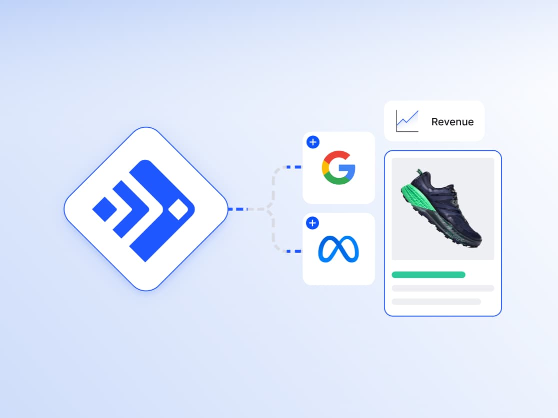 Diagrama que muestra cómo Feedonomics sincroniza los datos de productos con Google y Meta para impulsar los ingresos del comercio electrónico.