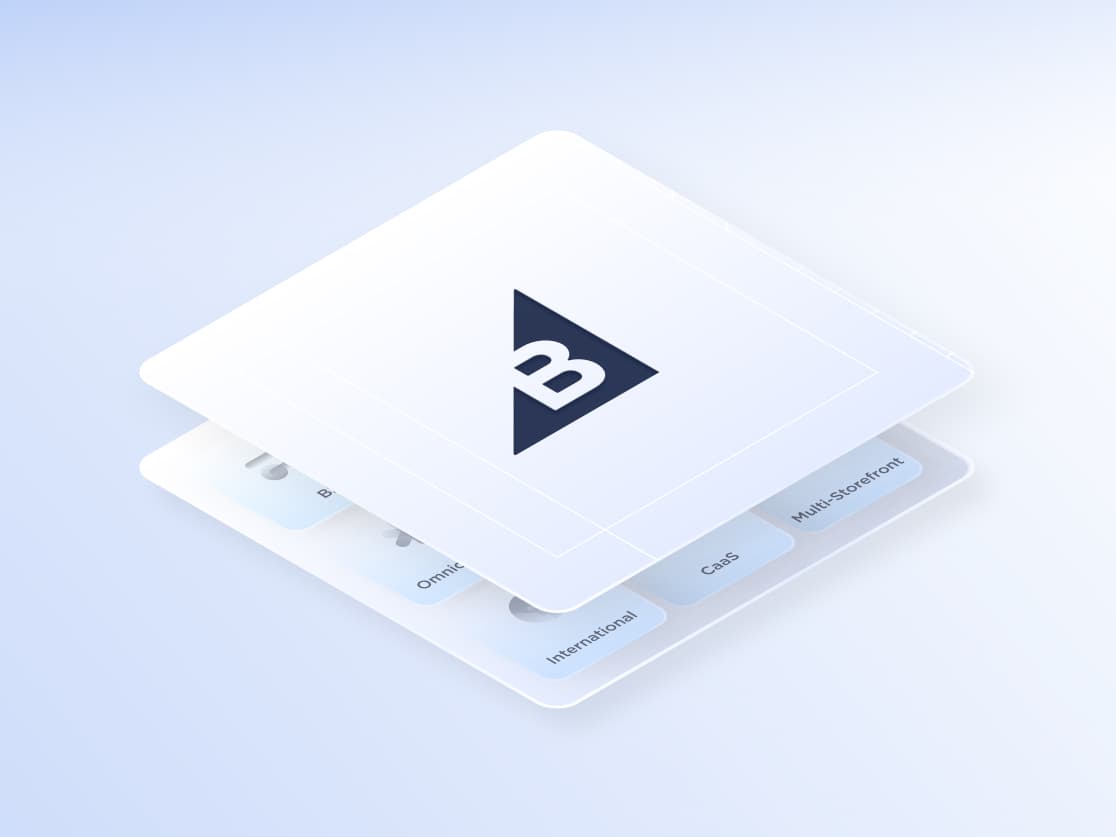 Tarjetas digitales apiladas que muestran las características de BigCommerce, incluidas Multi-Storefront, CaaS e Internacional.